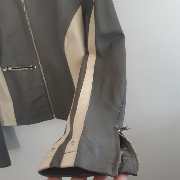 OXYHO Sorento Large Women's Genuine Leather Coat, Two-Tone Olive/Grey + Beige - Picture 10 of 16